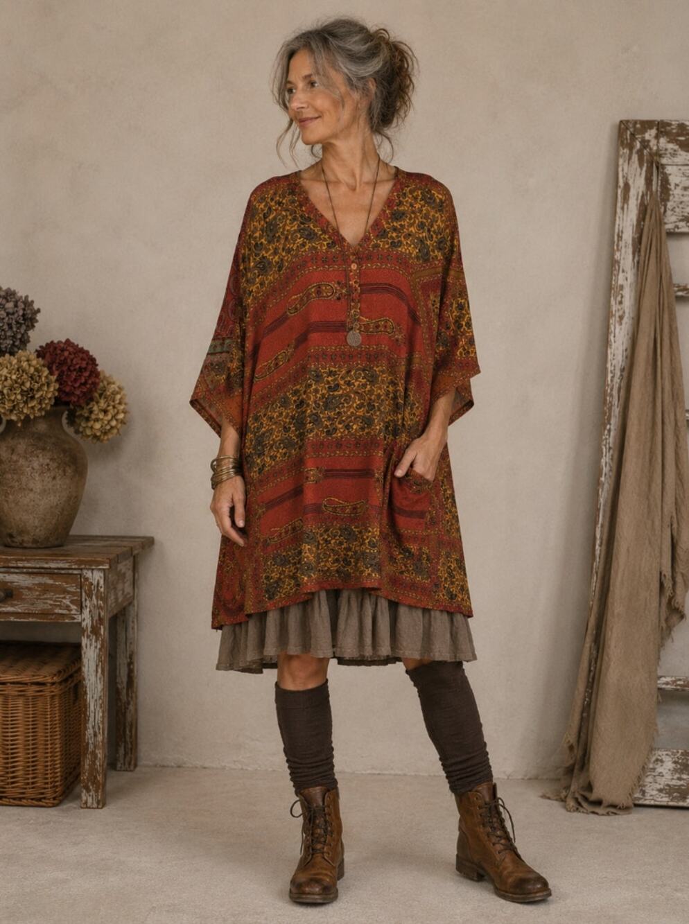 KANTHA BAE Crepe Sari Gaia Split Tunic Dress Free Size $111 {JJ42}